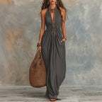 Halter V-Neck Linen-Blend Maxi Dress