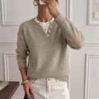 Women's Henley Button Notch Neck Drop‑Shoulder Long Sleeve Knit Sweater