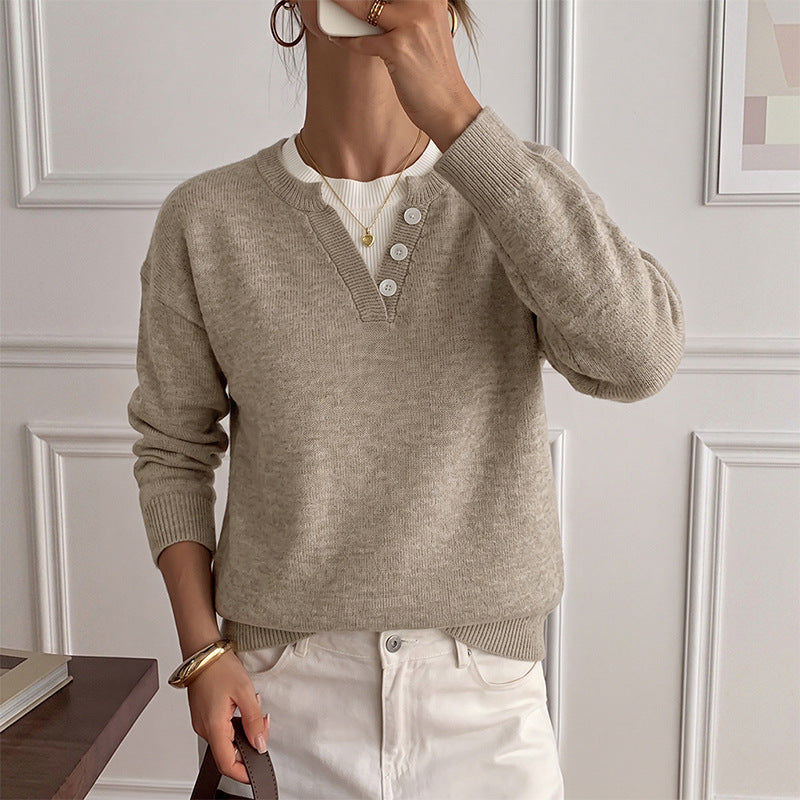 Women's Henley Button Notch Neck Drop‑Shoulder Long Sleeve Knit Sweater