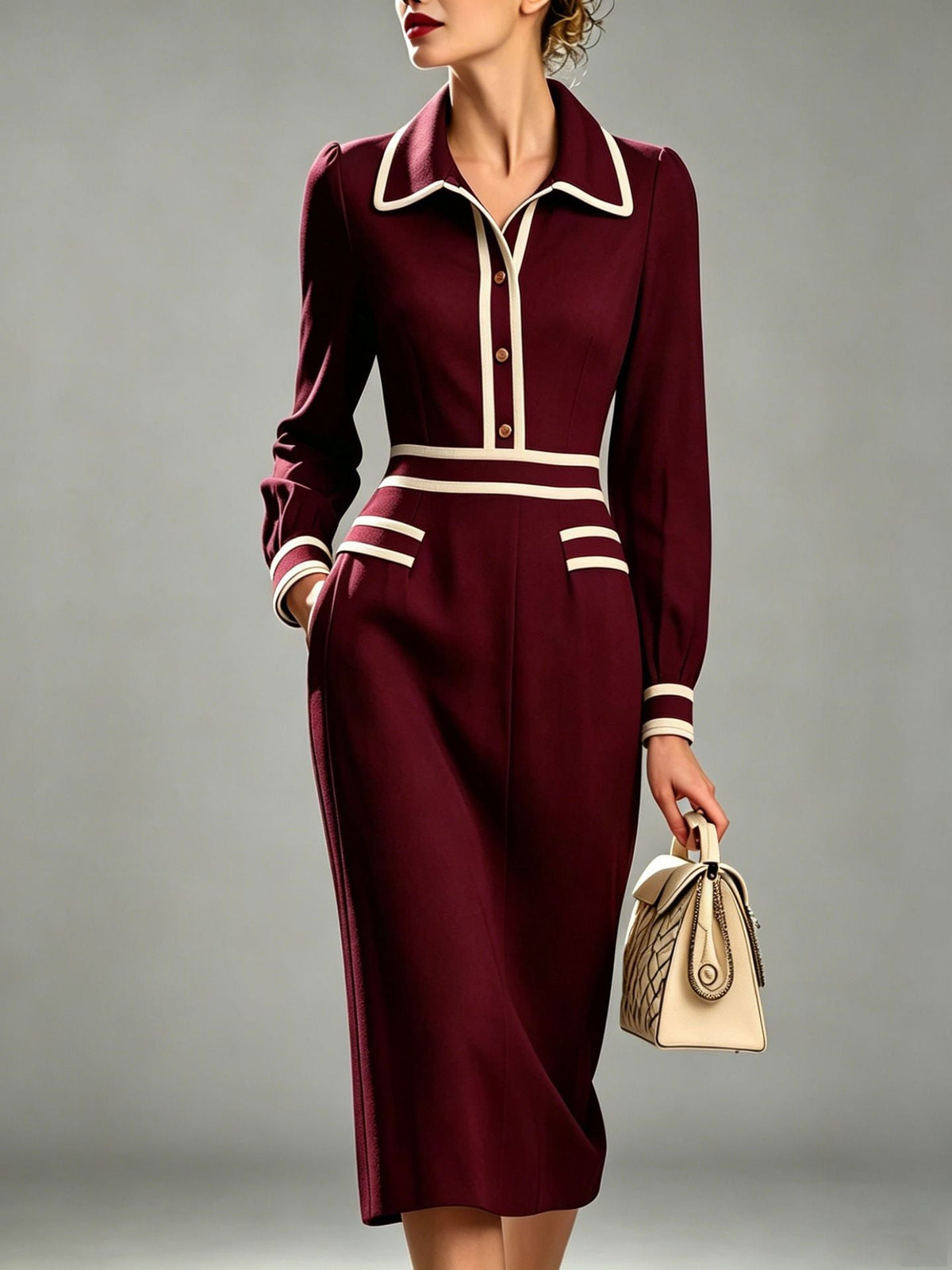 Elegant Contrast Trim Shirt Style Midi Dress For Women