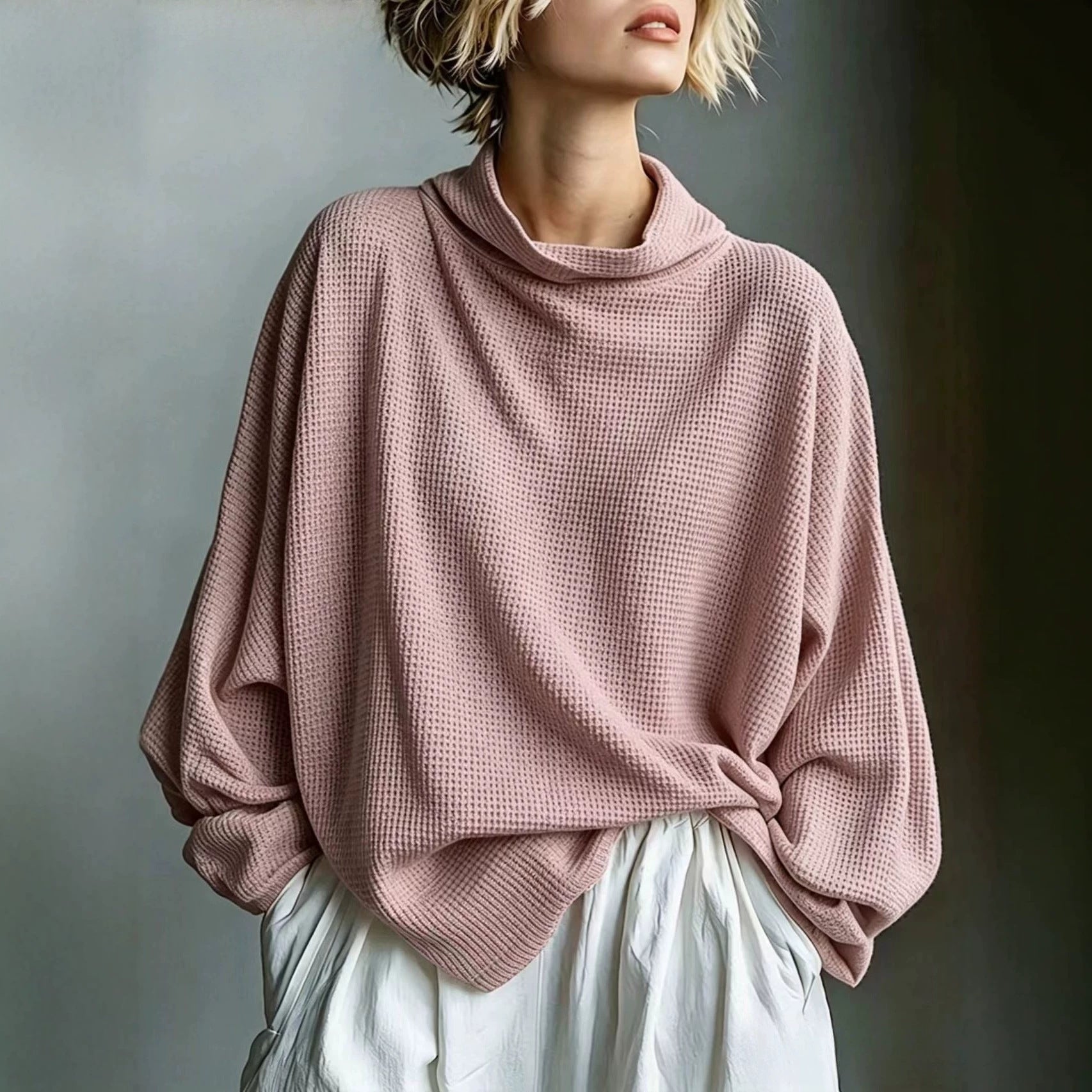 Waffle-Knit Oversized Cowl Neck Top