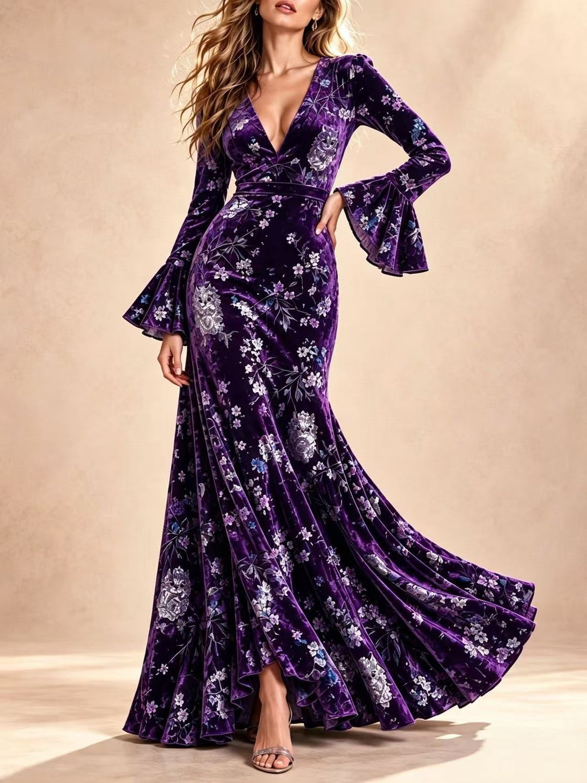 Floral Print V-Neck Bell Sleeve Maxi Dress