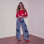 Light Wash Heart Patch High Waist Wide Leg Denim Jeans