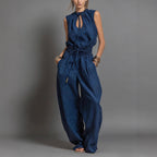 Beige Linen-Blend Smocked-Waist Jumpsuit