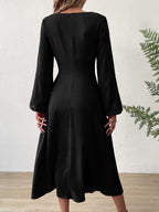 V‑Neck Twist‑Knot Waist Long‑Sleeve Midi Dress