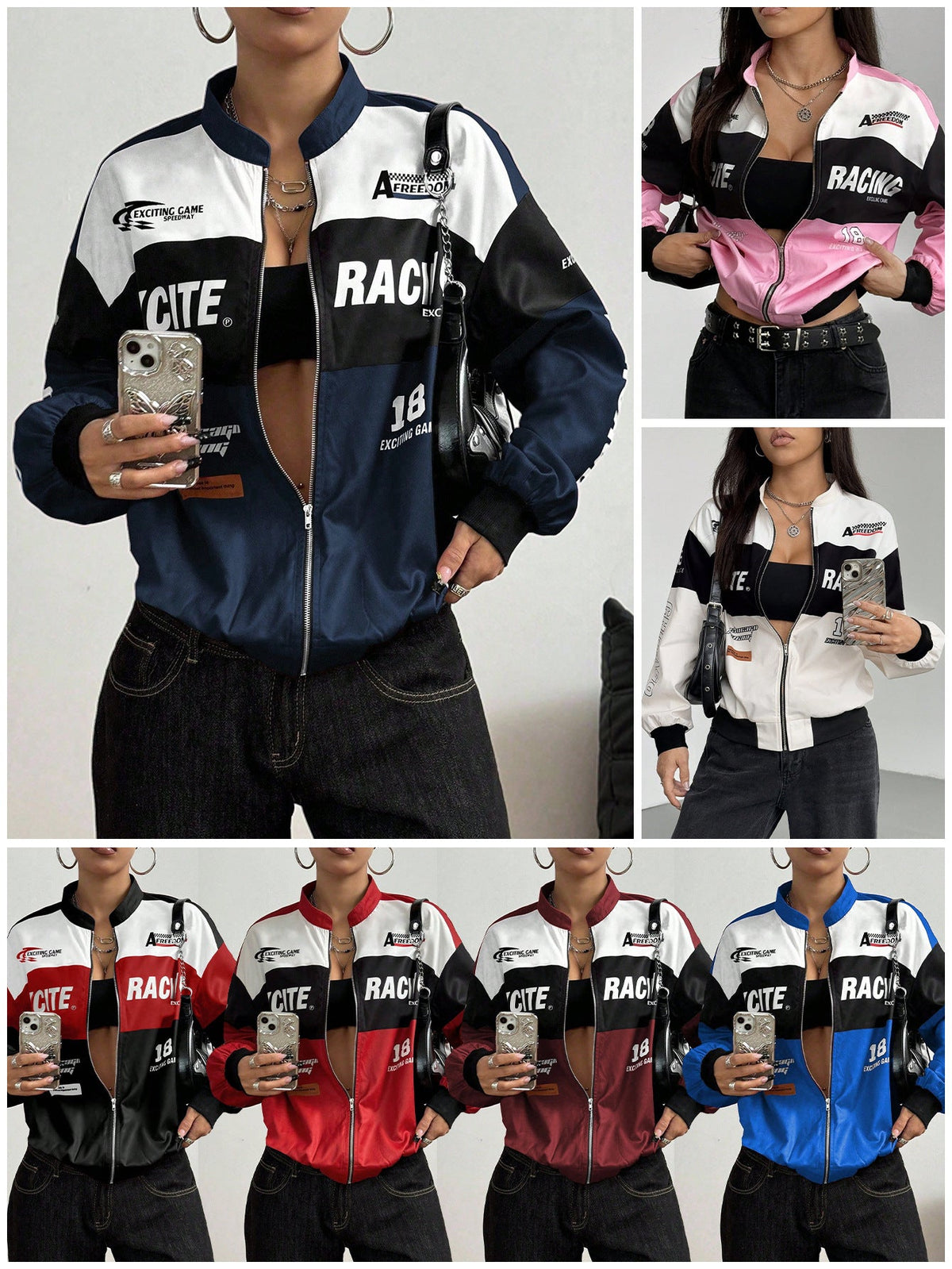 Women Color Block Racing Jacket Zip Up Letter Print Bomber Jacket Y2K Streetwear