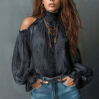 High Neck Ruffle Trim Long Sleeve Chiffon Top