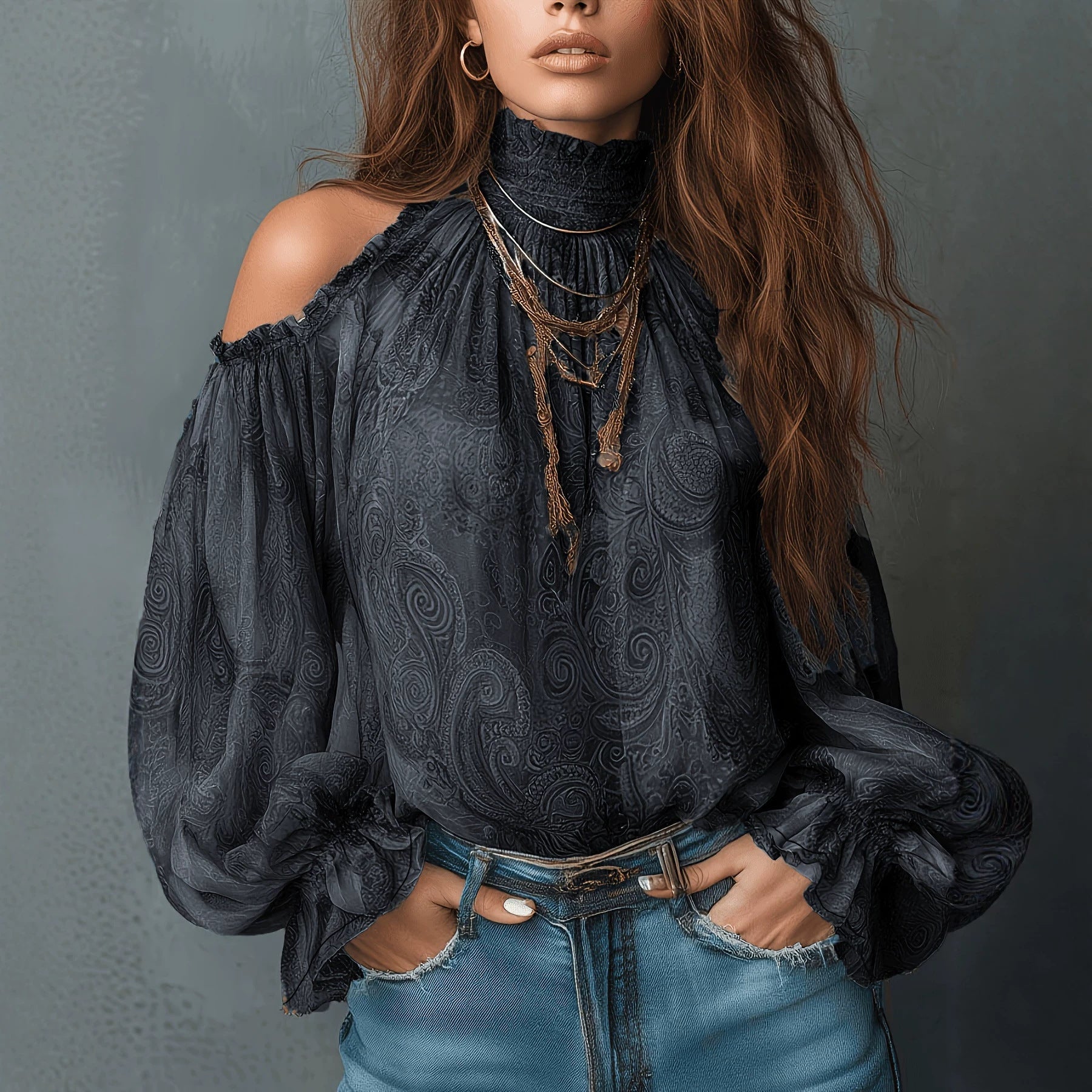 High Neck Ruffle Trim Long Sleeve Chiffon Top