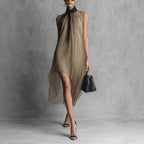 Sheer Mesh Sleeveless Tie Neck Asymmetrical Midi Dress