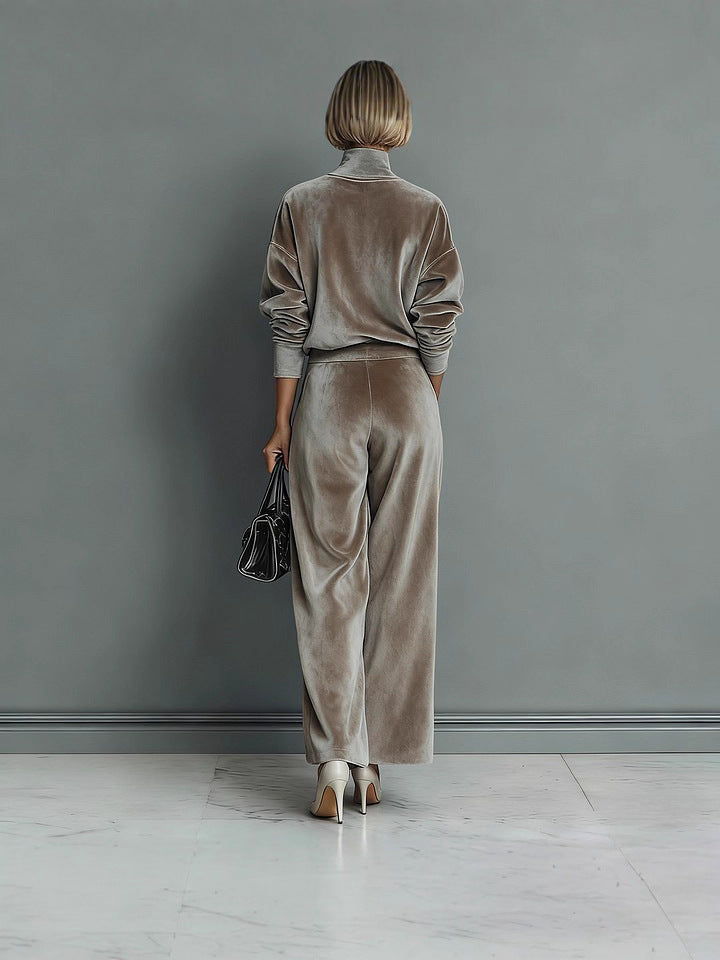Women'S Velour Drop‑Shoulder Top & Pleated Wide‑Leg Pants Two‑Piece Set