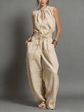 Beige Linen-Blend Smocked-Waist Jumpsuit