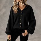 Vertical Rib Knit Hooded Button Down Balloon Sleeve Cardigan