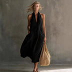 Relaxed Halter Neck Linen Midi Dress with Pockets