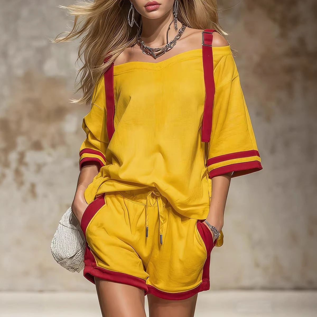 Retro Color-blocked Off-shoulder Short-sleeved T-shirt And Shorts Set