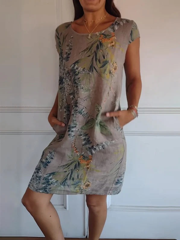 Women'S Botanical Print Cap‑Sleeve Midi Dress