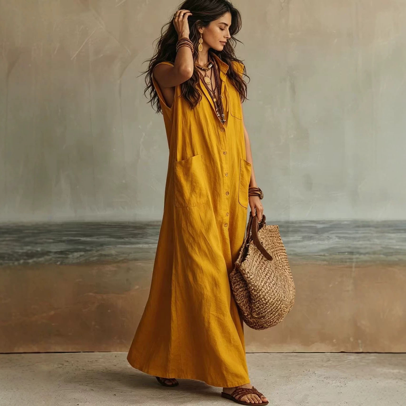 Temperament Commuting Off-Shoulder Bohemian Vacation Loose Shirt Dress