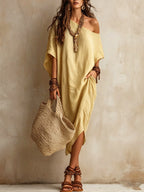 Slanted Shoulder Cotton And Linen Dress Women'S Loose Bat Sleeves Mid-Length Slit Holiday Dress