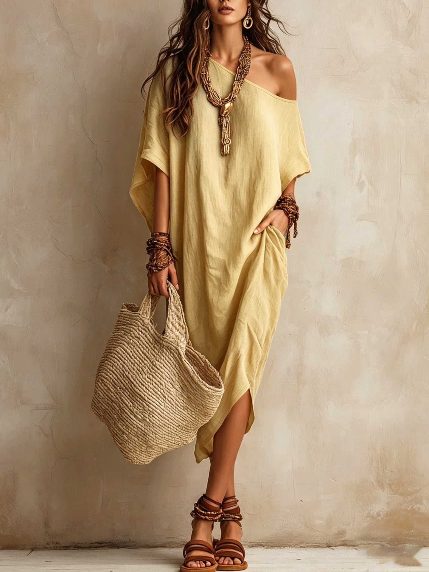 Slanted Shoulder Cotton And Linen Dress Women'S Loose Bat Sleeves Mid-Length Slit Holiday Dress