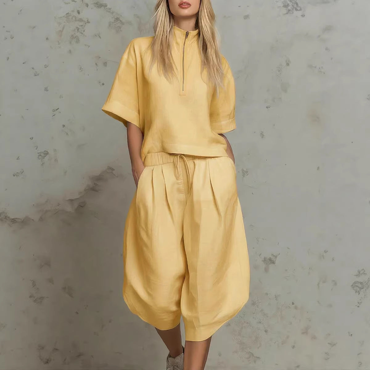 Linen Zip-Neck Top & Harem Culottes Set