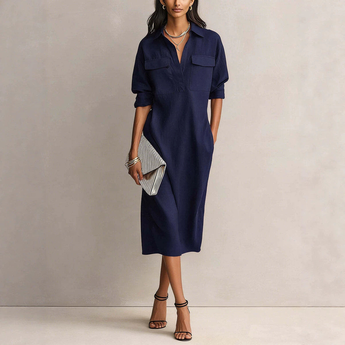 Utility Pocket Half Placket Midi Shirt Dress