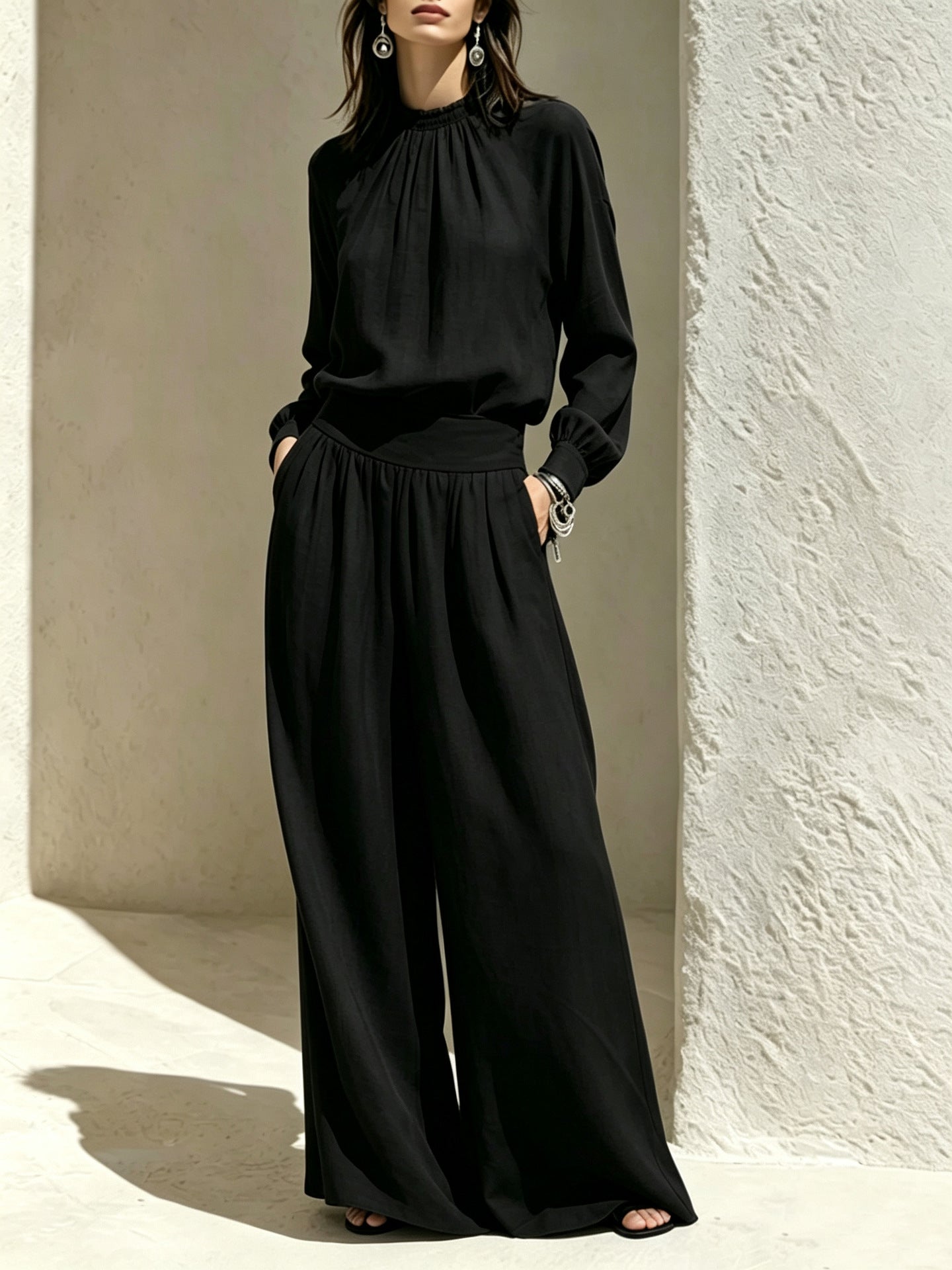 Women'S Gathered High‑Neck Blouse & Pleated Wide‑Leg Pants Two‑Piece Set