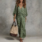Women's Leopard Print Knot-Front Maxi Kaftan Dress - Flowy V-Neck Chiffon Cover-Up