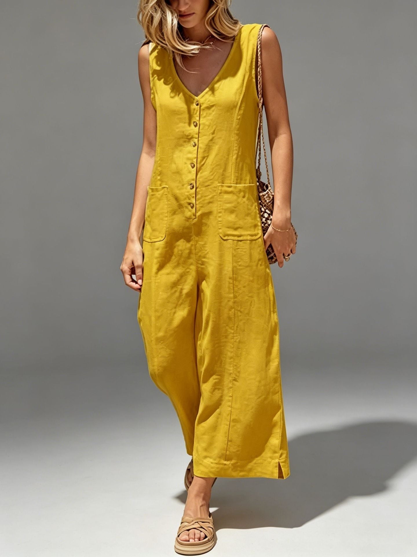 Buttoned Cotton And Linen Sleeveless Casual Wide-Leg Loose Jumpsuit With Pockets