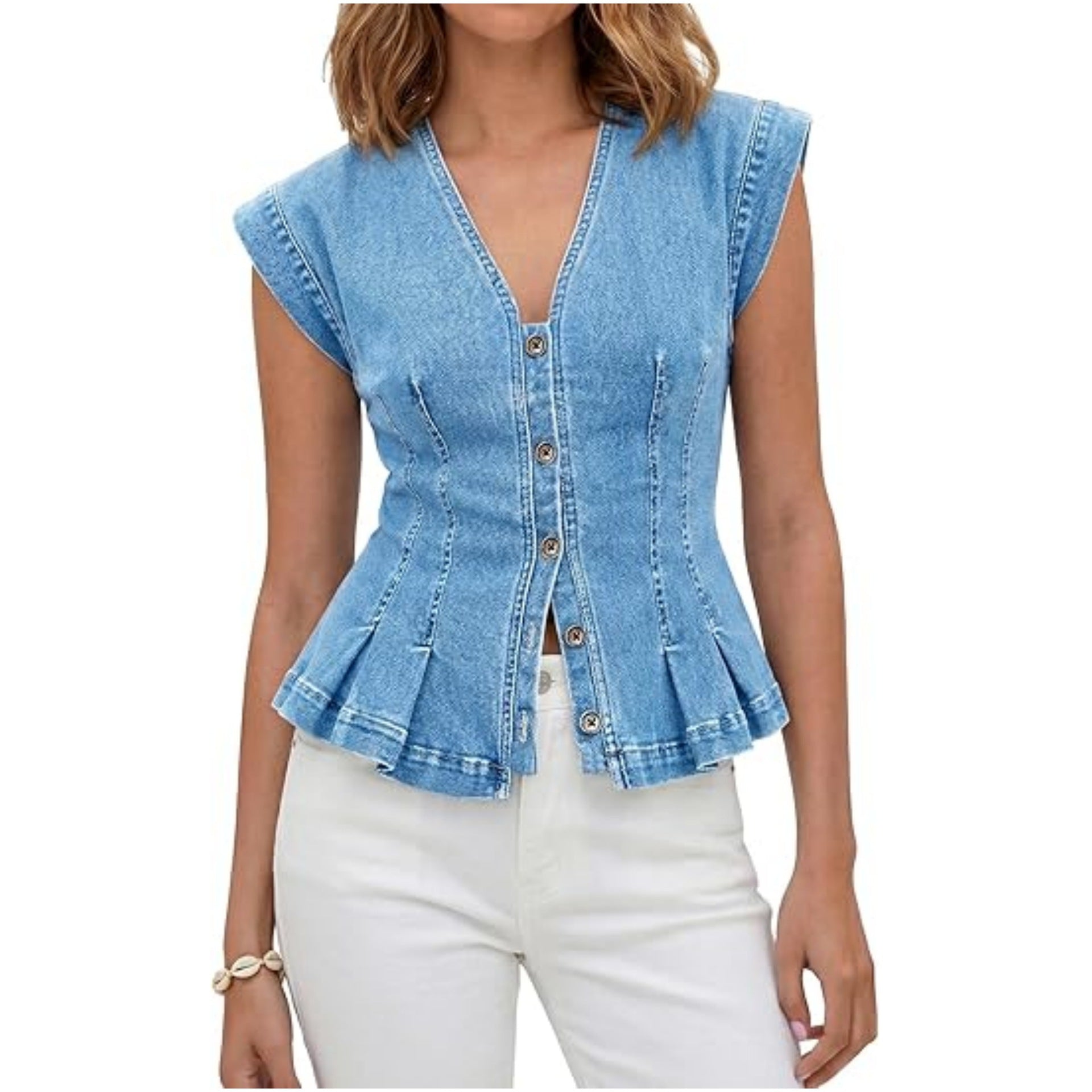 V-Neck Denim Peplum Vest