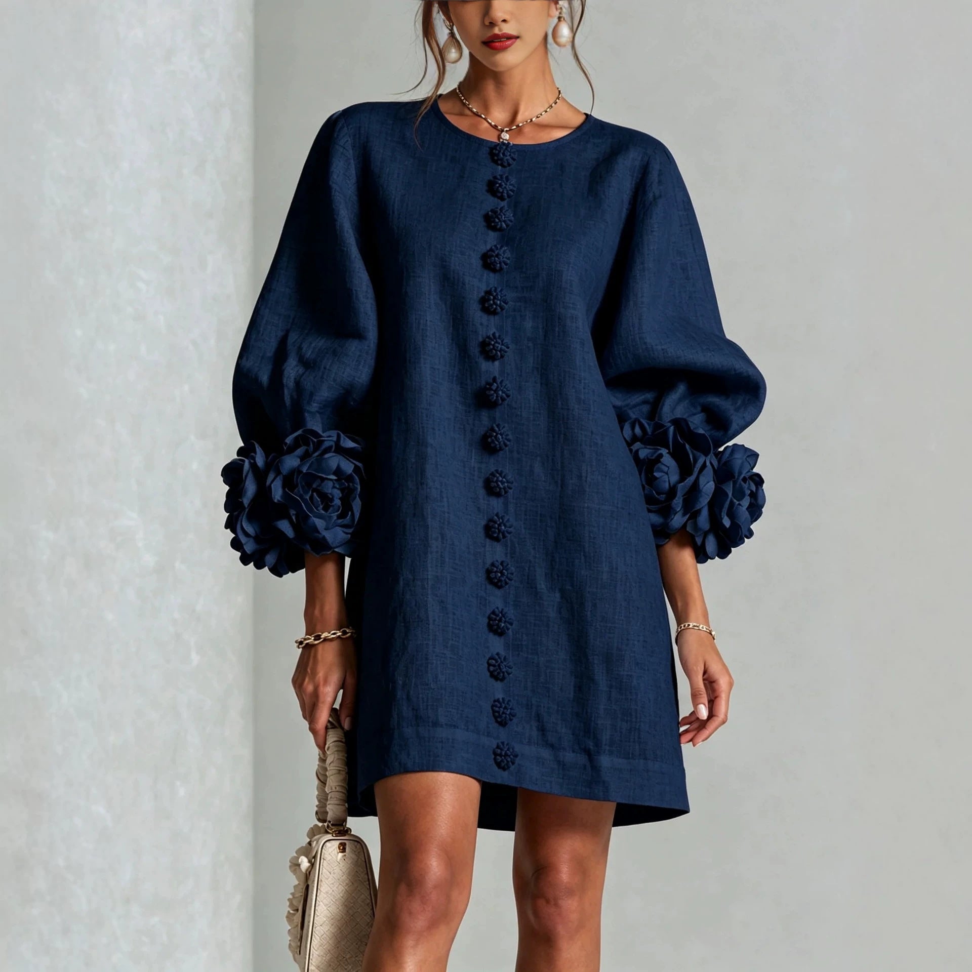 Women Blush Pink Fabric Floral Appliqué Balloon‑Sleeve Shift Mini Dress