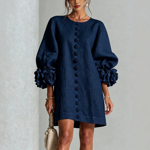 Women Blush Pink Fabric Floral Appliqué Balloon‑Sleeve Shift Mini Dress