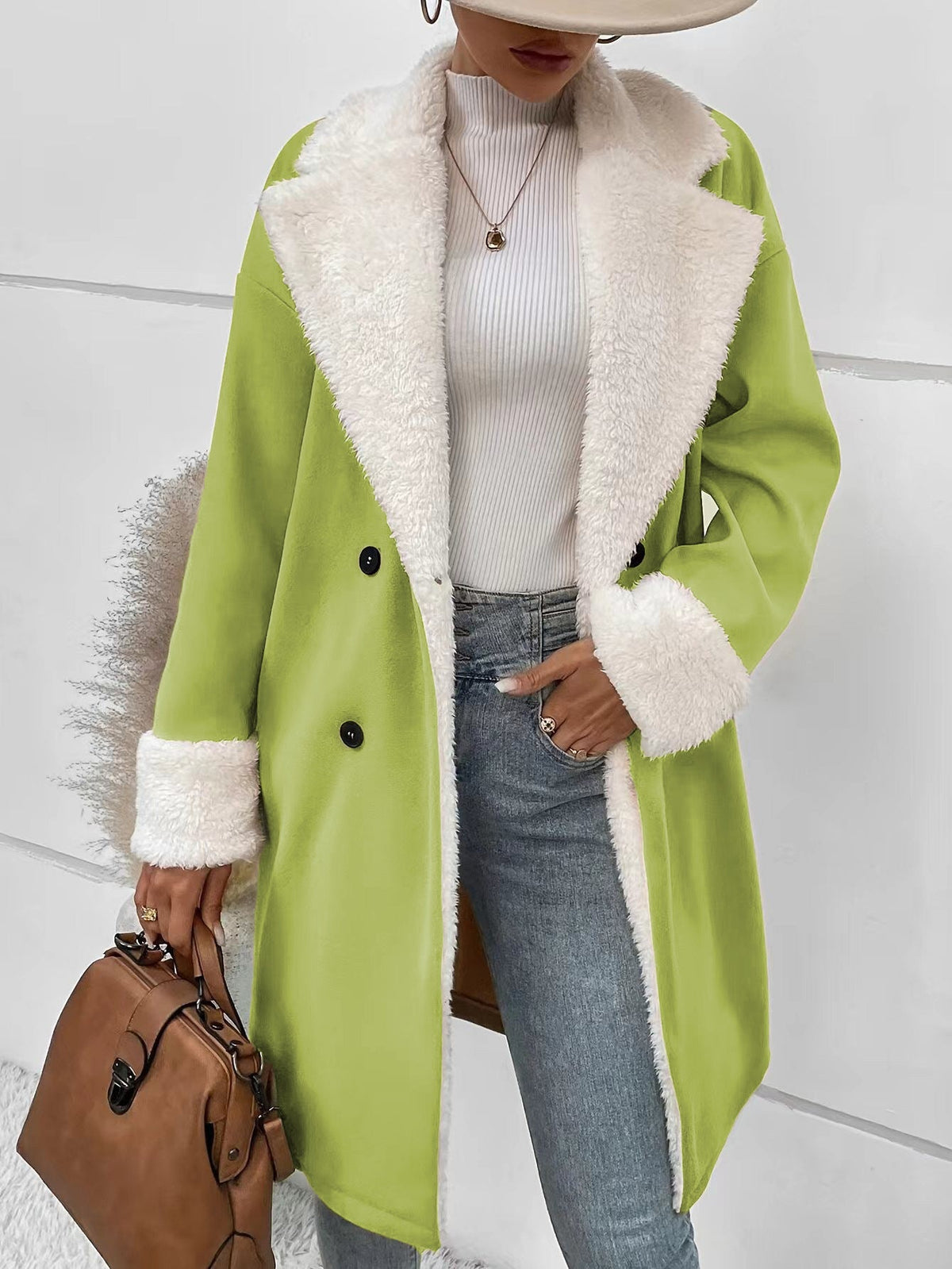 Women's Fleece Collar & Cuff Mid-Length Wool Blend Coat