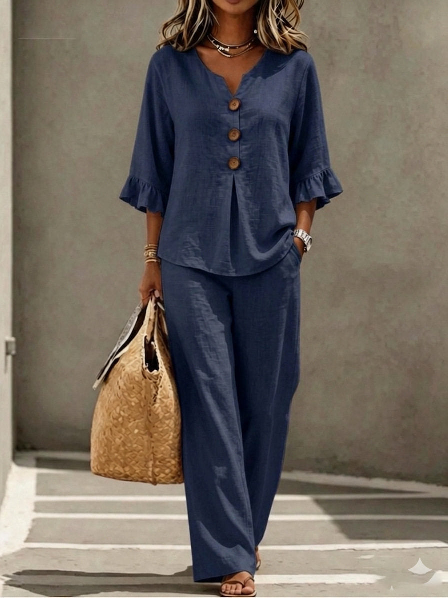 Light Blue V Neck Ruffle Sleeve Linen Two-Piece Wide Leg Pants Set