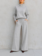 Mock‑Neck Button‑Detail Sweatshirt & Wide‑Leg Drawstring Pants Two‑Piece Set - gray / S