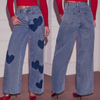 Light Wash Heart Patch High Waist Wide Leg Denim Jeans