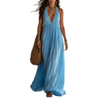 Halter Deep V Gathered Empire Waist Flowy Chiffon Maxi Dress