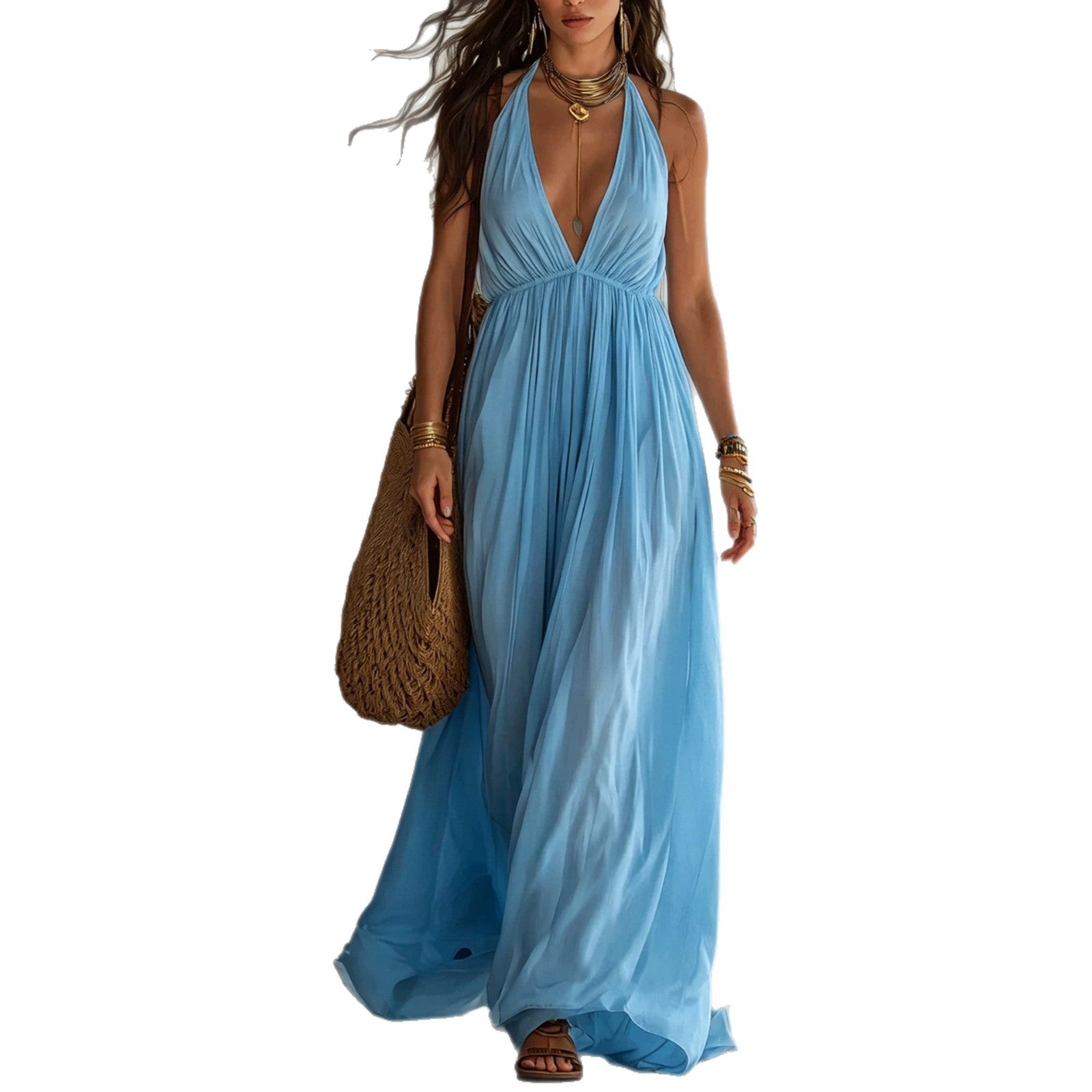 Halter Deep V Gathered Empire Waist Flowy Chiffon Maxi Dress