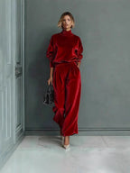 Women'S Velour Drop‑Shoulder Top & Pleated Wide‑Leg Pants Two‑Piece Set