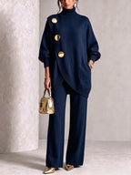 Turtleneck Gold‑Button Asymmetric Knit Tunic & Wide‑Leg Pants Two‑Piece Set