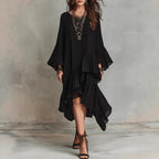 Crinkled Textured Oversized Bell Sleeve Asymmetrical Ruffle High Low Midi Dress