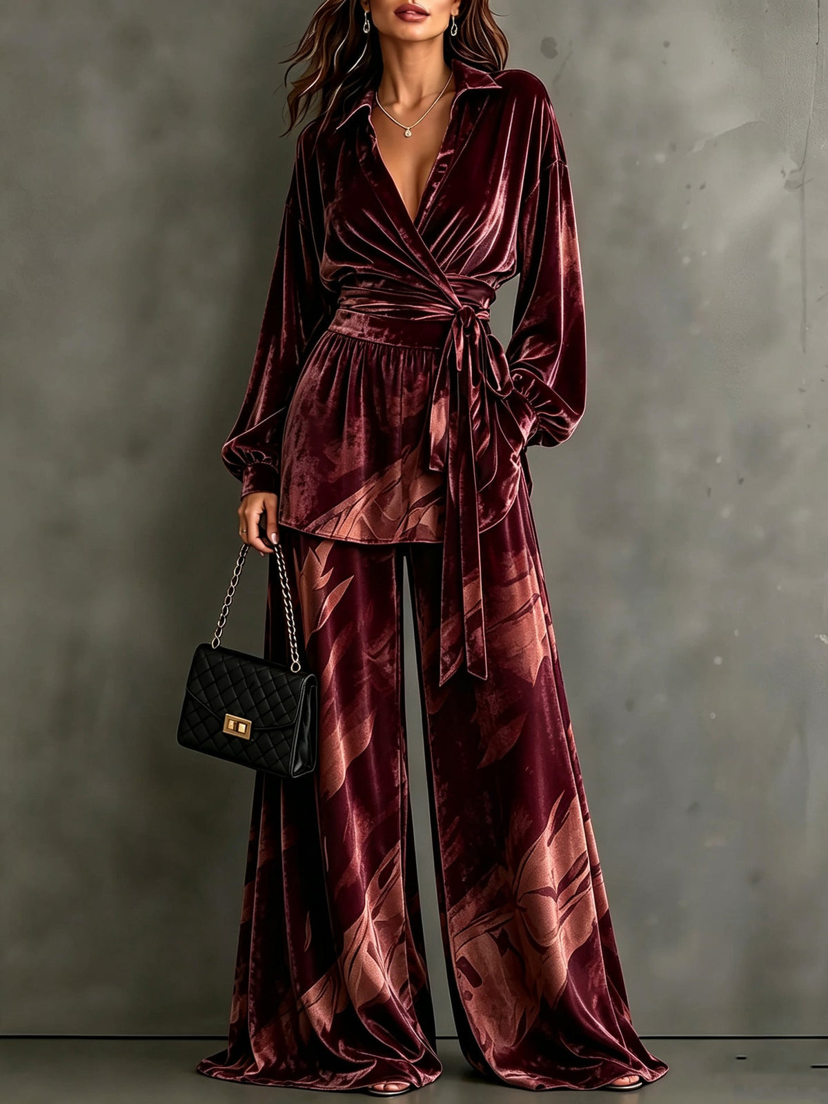Velvet Wrap Blouse & Wide-Leg Pant Set – Printed Two-Piece