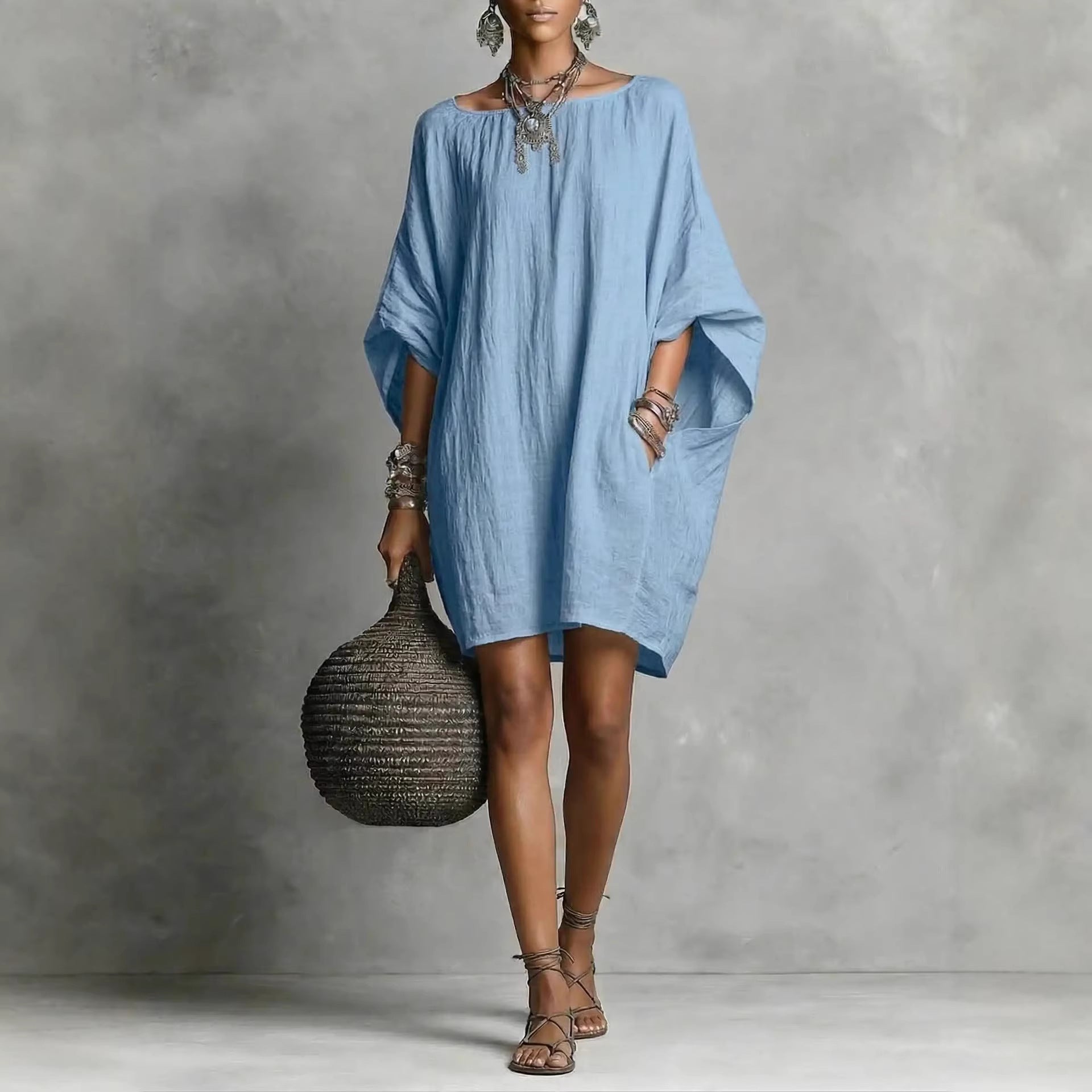 Women's Solid-color round-neck 3/4-sleeve Casual Loose Cotton-linen Dress