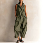 Sleeveless Linen Utility Jumpsuit Loose Cropped Wide Leg Cargo Jumpsuit