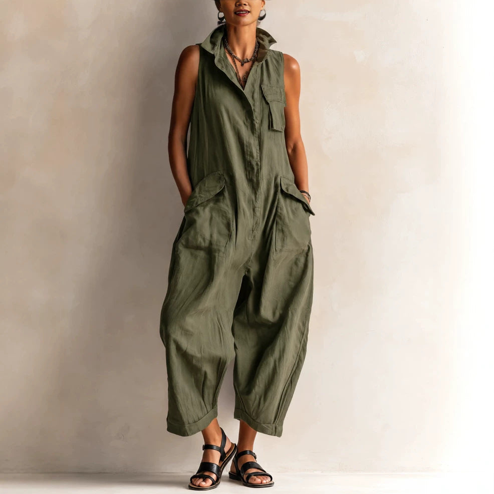 Sleeveless Linen Utility Jumpsuit Loose Cropped Wide Leg Cargo Jumpsuit