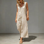 Buttoned Cotton And Linen Sleeveless Casual Wide-Leg Loose Jumpsuit With Pockets