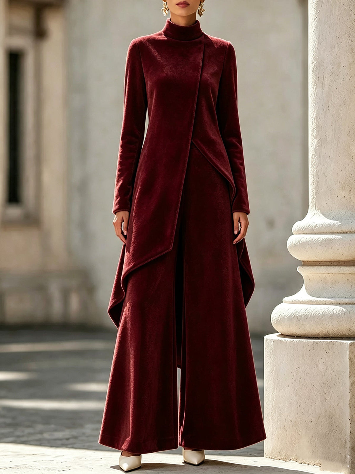 Velvet Asymmetrical Turtleneck Two-Piece Set