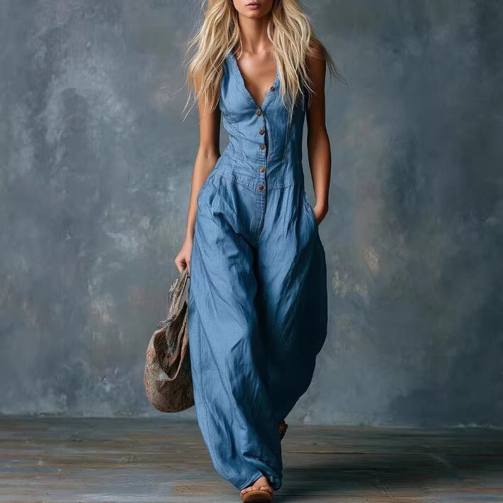 Women'S Spring Thin Loose Sleeveless Ethnic Tribal Denim Jumpsuit