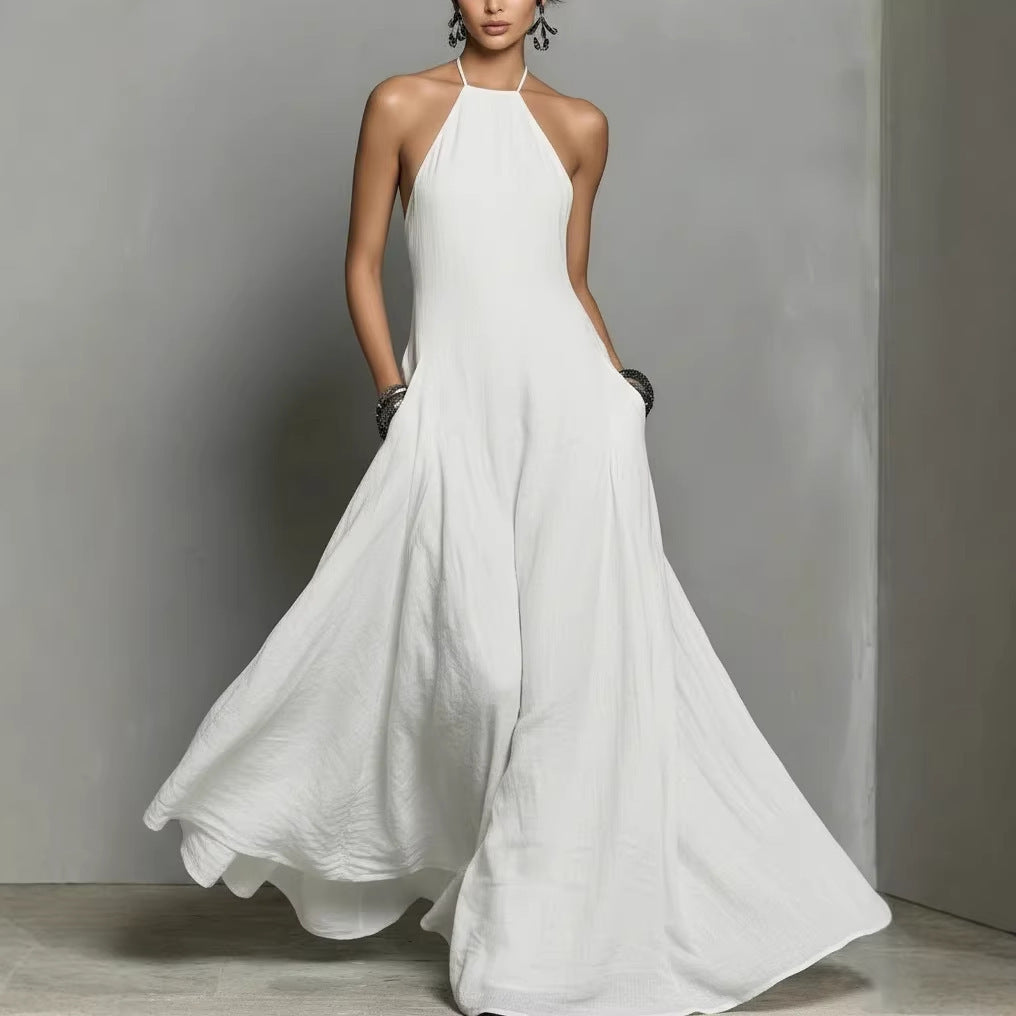 Cotton And Linen Blend Simple Backless Sleeveless Long Dress