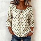 Cream Base Polka Dot Square Neck Tie Front 3/4 Sleeve Blouse