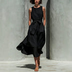 Sleeveless Tie Waist Layered Linen Midi Dress