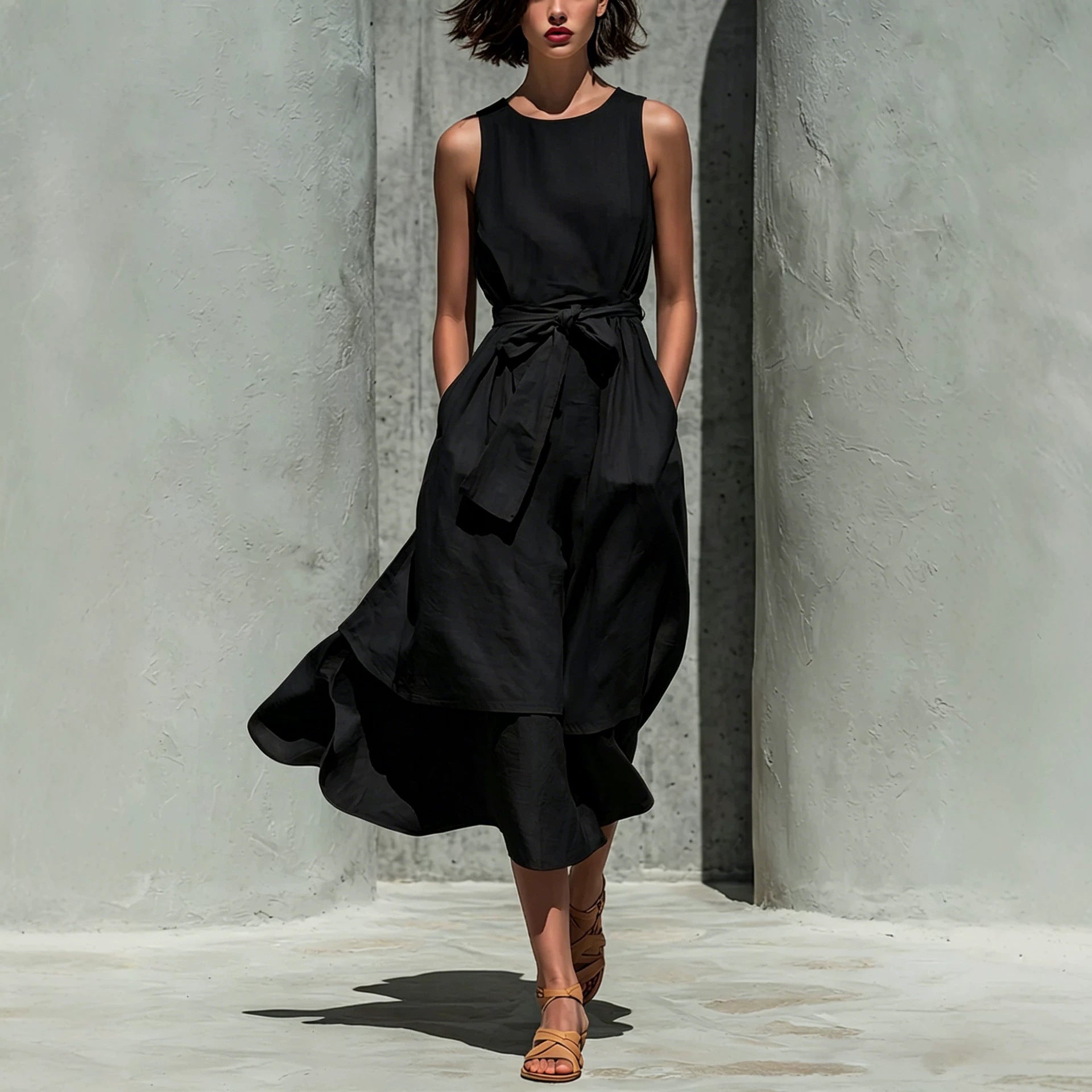 Sleeveless Tie Waist Layered Linen Midi Dress
